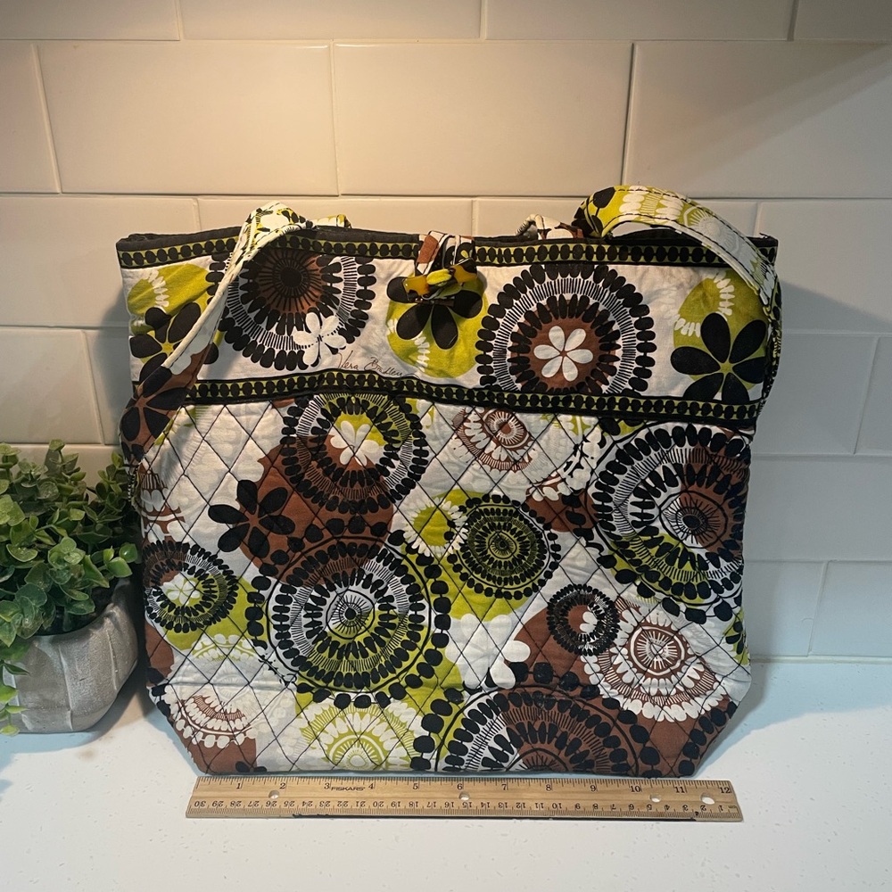 Retired Vera Bradley Cocoa Moss Quilted Tote Bag with Button Closure